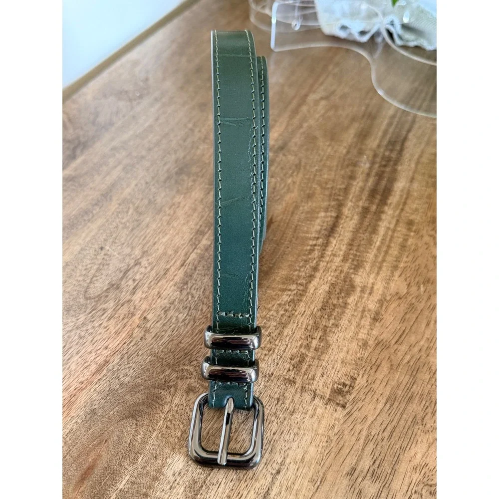 M&S Real Leather Skinny Belt Women Large Green Croc Embossed Gunmetal Forestcore